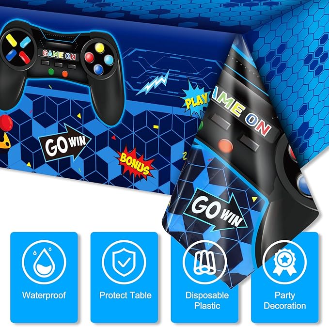 Tatuo 1 Pcs Video Game Table Cover, Game Theme Birthday Decoration Plastic Table Cloth Party Supplies for Boys Girls Kids Player Geek Party Decorations, 54 x 108 Inch (Blue)