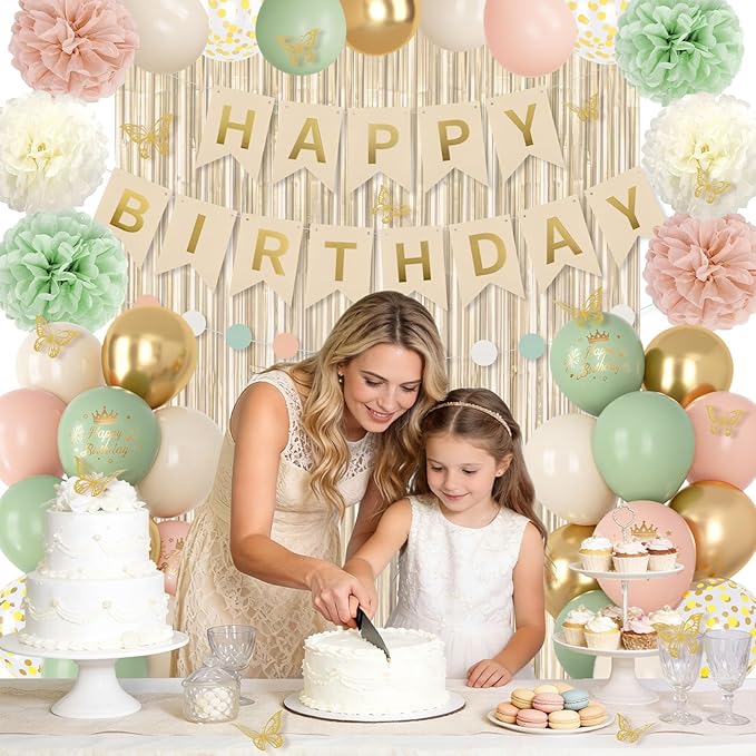 Pink and Sage Green Birthday Decorations for Women Girls, Blush Beige Sand Gold Metallic Printed Balloons Butterfly Stickers Fringe Curtain Happy Birthday Banner Circle Dot Paper Pompom Party Supplies