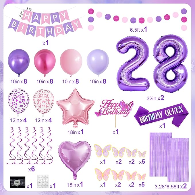 28th Purple Birthday Decorations for Women, Pink and Purple Happy 28 Birthday Party Decorations with Happy Birthday Banner, Number Foil Balloons, Butterfly Cake Topper for 28th Party Supplies