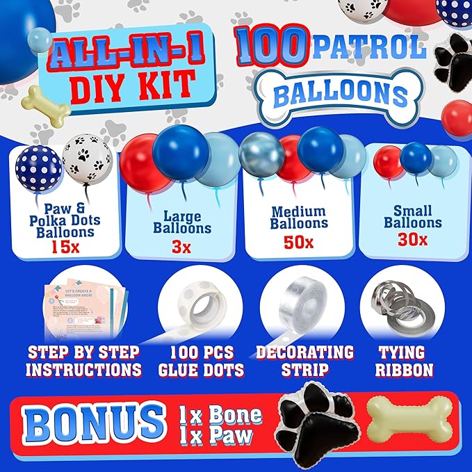 ALL-IN-1 Paw Balloon Arch & Garland Kit with BONUS Dog Bone – Small and Large Red, Dark Blue Paw Balloons – Paw Birthday Party Decorations & Supplies – Boy
