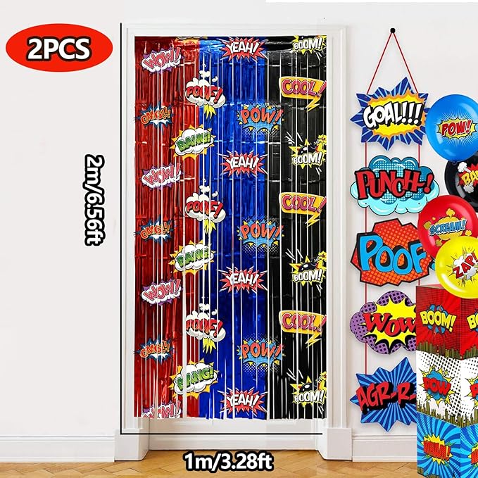 Hero Foil Fringe Curtains Backdrop Birthday Party Decorations, 2 Pack 3.28 x 6.56 Ft Red Blue Black Foil Fringe Curtain Tinsel Streamer Photo Booth Props Hero Birthday Party Supplies Favors