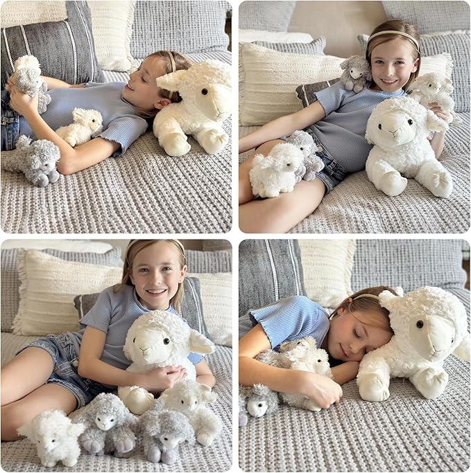 5Pcs Lamb Stuffed Animal Set, Mommy Lamb Plush 20 Inch with 4 Baby Lambs in Her Zippered Tummy, Stuffed Sheep Plushie Toy for Girls Boys and Kids