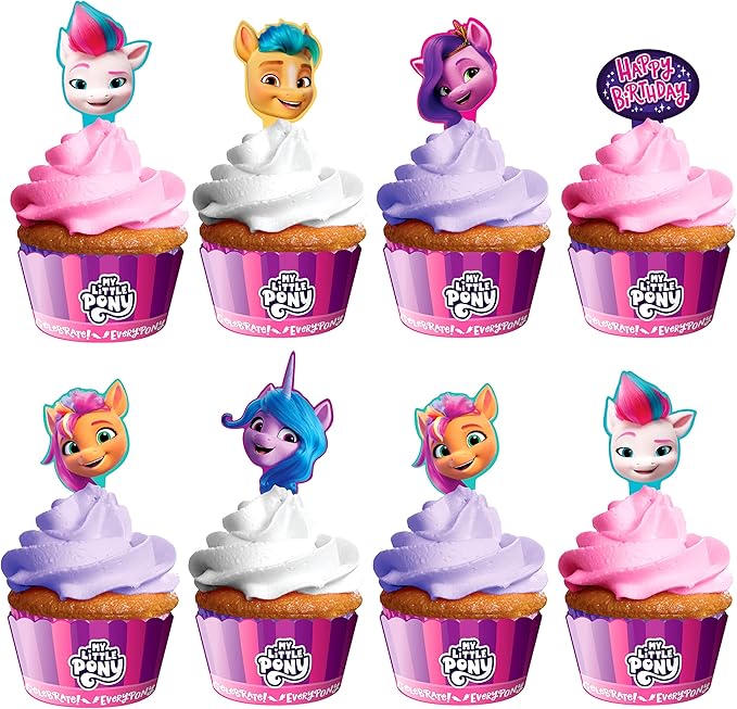 Treasures Gifted Officially Licensed My Little Pony Birthday Decorations - Cupcake Toppers & Wrappers 24ct - My Little Pony Cupcake Toppers - Birthday Party Supplies