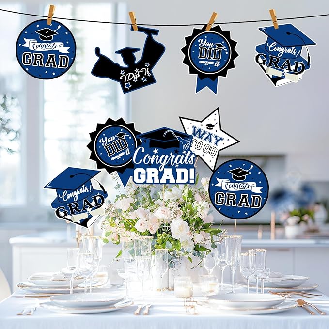 24Pcs Graduation Party Decorations Class of 2026, Graduation Centerpieces for Tables, 2026 Congrats Grad Party Centerpiece Stick Table Toppers for Graduation Party Supplies (Blue)
