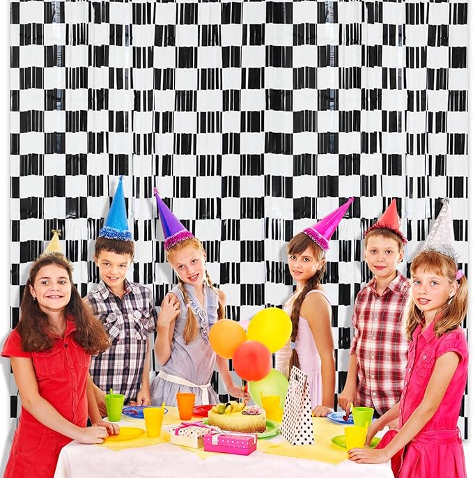 2 Pack Race Car Checkered Streamers Backdrops Birthday Party Decorations Black and White Checkered Foil Fringe Curtains Photo Booth Props for Racing Cars One Happy Dude Party Decorations