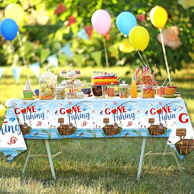 GREHUMOR 3Pcs Gone Fishing Tablecloth for Fishing Party Supplies Decoration Little Fisherman Themed Table Cover Plastic Disposable Rectangular Birthday Summer Party Decorations