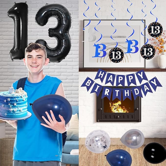 13th Birthday Decorations for Boys and Girls Dark Blue, Official Teenager Decorations HAPPY BIRTHDAY Banner 13 Balloon Number Tablecloth Foil Star Balloons Garland Arch Kit-13 Year Old Party Supplies