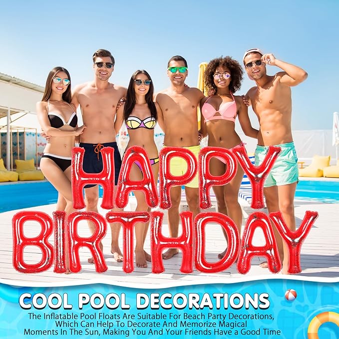 Shappy 20'' Happy Birthday Pool Large Floating Letter Balloons with Adhesive Dots Inflatable Pool Decorations for Summer Birthday Party