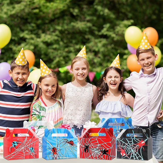 24Pcs Spider Party Favors Boxes Spider Web Paper Treat Box Birthday Supplies Red Blue Black Color Goodie Gift Boxes for Kid Boy Birthday Baby Shower Game Party Table Decoration 6 x 3.5 x 3 inches