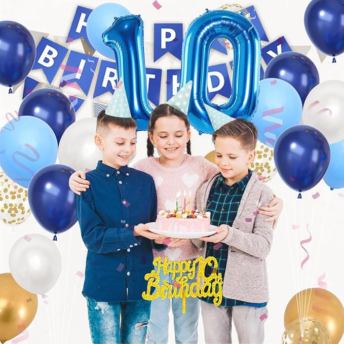 10th Birthday Decorations, Dark Happy Birthday Party Decorations With Number 10 Balloons Metallic Gold Pearl White Light Blue Fringe Curtain Banner Cake Topper For Boy Girl Party Supplies