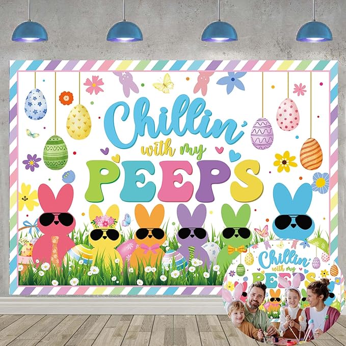 Chillin with My Peeps Banner Backdrop 7x5FT Bunny Happy Easter Peeps Background Spring Party Decorations Supplies Photo Props