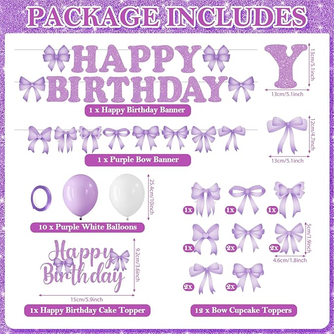 Purple Bow Birthday Party Decorations Bow Happy Birthday Banner Purple White Balloons Cake and Cupcake Toppers for Girls Women Coquette Bday Baby Shower Party Supplies