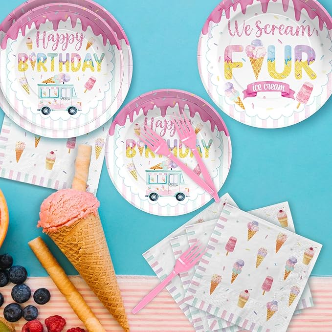 Grencian 96 Pcs Ice Cream Birthday Party Decorations 4th Birthday Plates for Girls Ice Cream 4th Party Supplies Disposable Pink We Scream Four Paper Plate for Four Year Old Sweet Four Kids Girls
