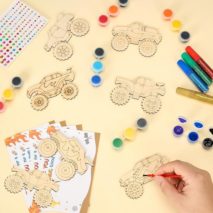 Bafeil Monster Truck Party Favors, 24 Pcs DIY Wooden Truck Painting Crafts Kit with Magnets, Car Birthday Party Supplies, Monster Trucks Party Decorations Goodie Bags Gifts Prizes Girls Boys