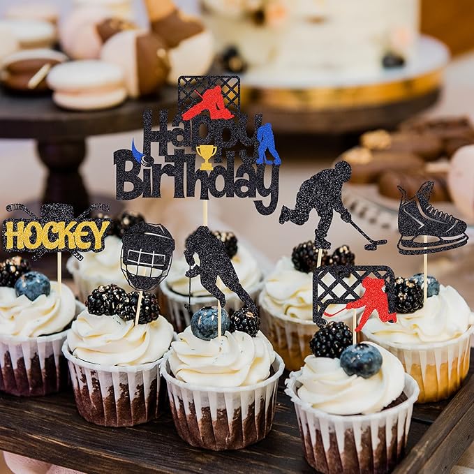 Hockey Birthday Cake Topper - 25PCS Happy Party Cake Decorations with Hockey Player Sports Theme Cupcake Toppers & Picks