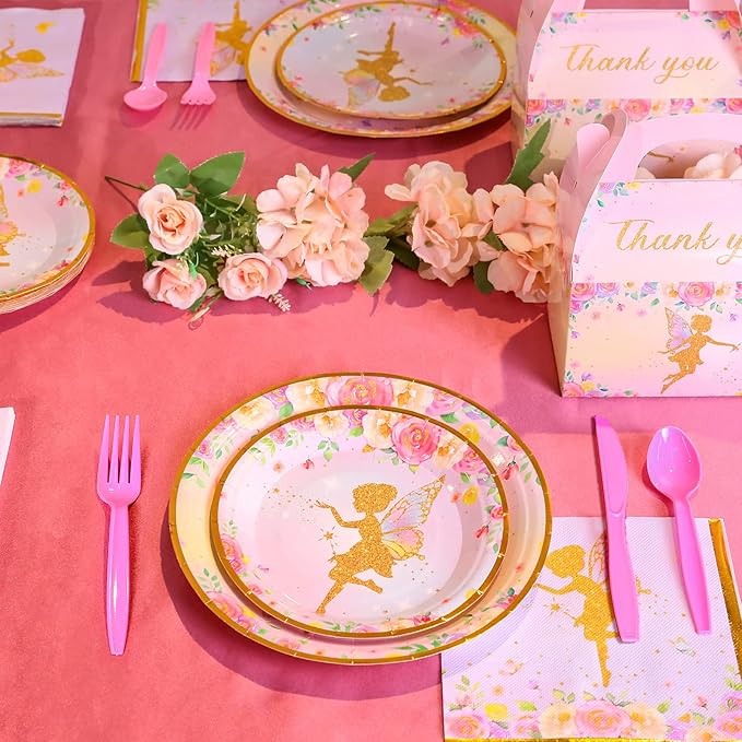 Meanplan 168 Pcs Fairy Party Supplies Fairy Plates and Napkins Fairies Tableware Set Plate Napkins Cups Knives Fork Spoon for Birthday Baby Shower Fairies Enchanted Party Decorations Serves 24 Guests