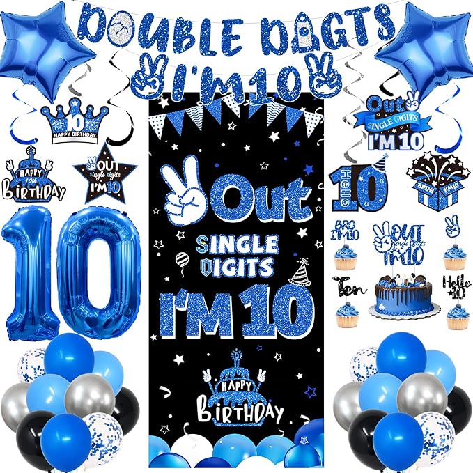 10th Birthday Decorations for Boys Blue, Double Digits Birthday Party Supplies with Out Single Digits I'm 10 Backdrop Balloons Glitter Banner for 10 Year Old Birthday Decoration