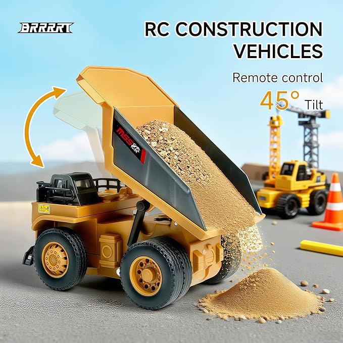 BRRRRT 1/64 RC Dump Truck,Mini Dump Truck Toy,8-Channel Remote Control Toy with Metal Bed & Light, RC Construction Vehicles,Type-C Built-in Battery,Birthday Gifts for Boys and Girls Age 3+