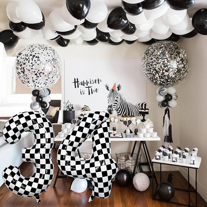 40 Inch Black and White Checkered 0 Balloon, Foil Number 0 Balloons Decor, Giant Self Inflating Helium 0 Racing Balloons for Boys Girls Birthday Race Car Flag Baby Shower Party Decorations Supplies