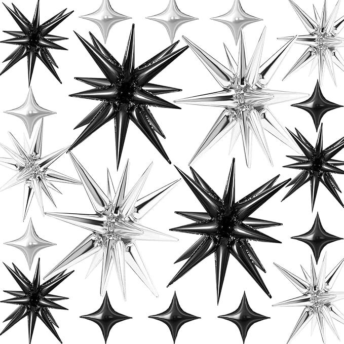 20 Pcs Star Balloons 27”22”Explosion Foil Balloons- Spike Balloon and Four Pointed Star Balloon for Party Supplies Christmas Birthday Wedding Photo Booth (Silver Black)