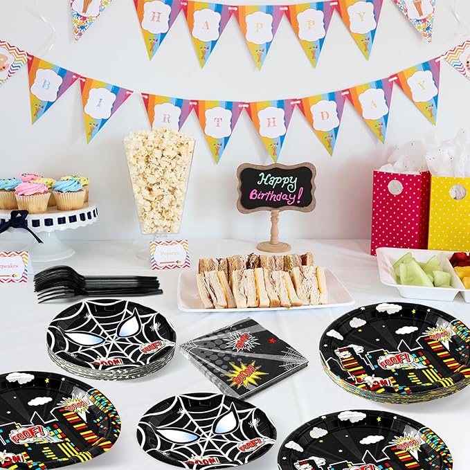 Black Spider Birthday Party Supplies - 96PCS Black Spider Birthday Party Plates and Napkins Forks Disposable Tableware Birthday Parties Table Dinnerware Baby Shower Plates Serve 24 Guests
