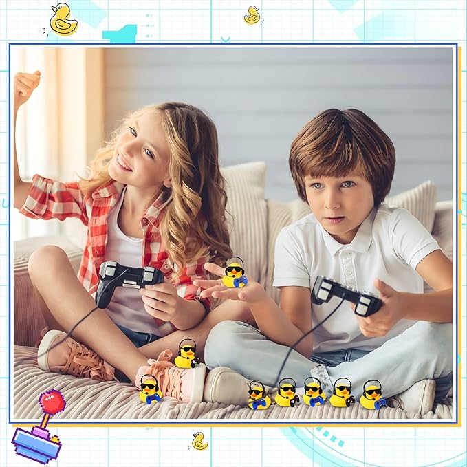 Leitee 24 Sets Video Game Party Favors Rubber Ducks with Mini Headset Glasses and Controllers Cute Bath Rubber Ducks Small Bathtub Accessories Toys for Birthday Swimming Party Favors Decoration