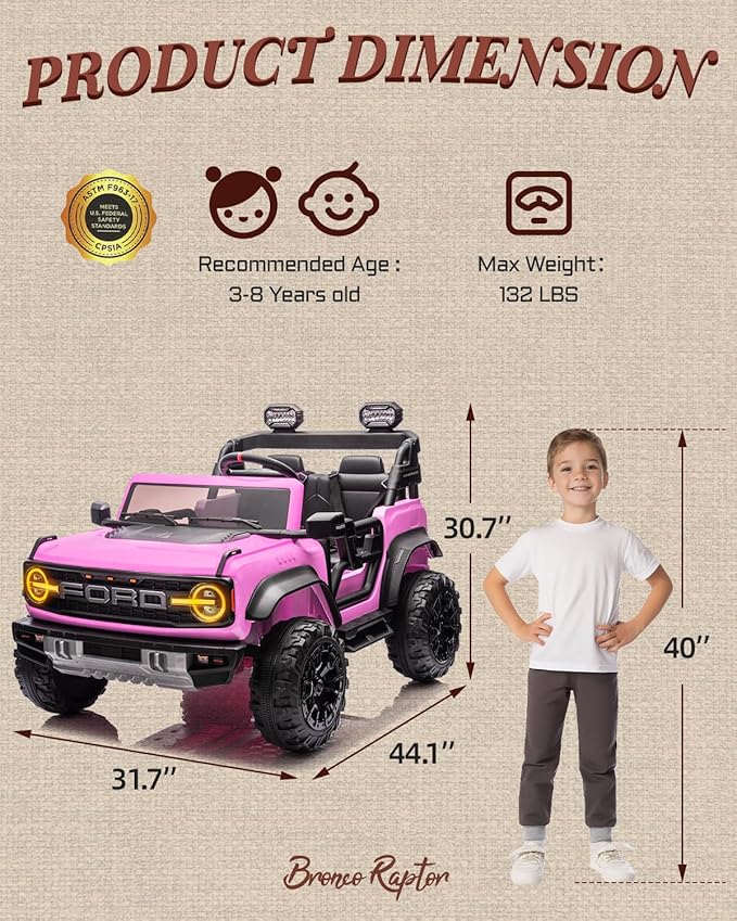 First Ride On 24V Ride on Toys for Big Kids, Licensed Ford Bronco Raptor 2 Seater Ride on Cars with Remote Control, Ride on Truck w/ 4-Wheeler Suspension, 3 Speeds, Led Lights, Bluetooth (24V, Pink) | First Ride On, 24V, for Big Kids, 2 Seater, with Re...
