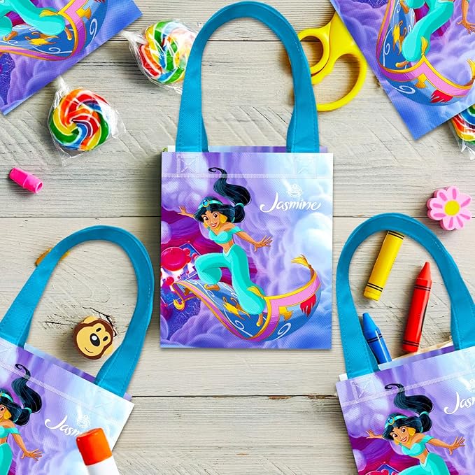 Princess Jasmine Party Favor Bags Set – 24 Pack 8" Aladdin Goodie Bags for Kids Bulk Reusable Mini Totes | Disney Princess Jasmine Birthday Party Supplies