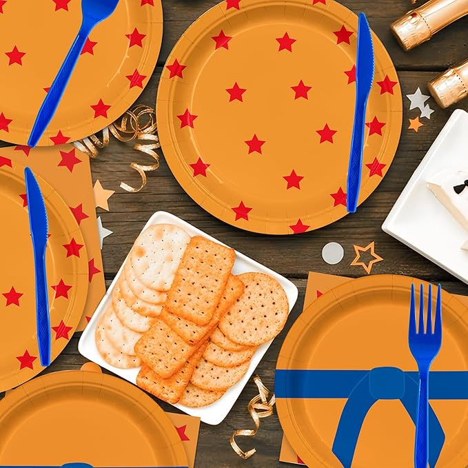 168PCS Anime Dragon Party Supplies for boys Kids Cartoon Themed Party Decorations Birthday Orange and Red Stars Paper Plates Cups Forks Knives and Straws Tableware Set for 24 Guests