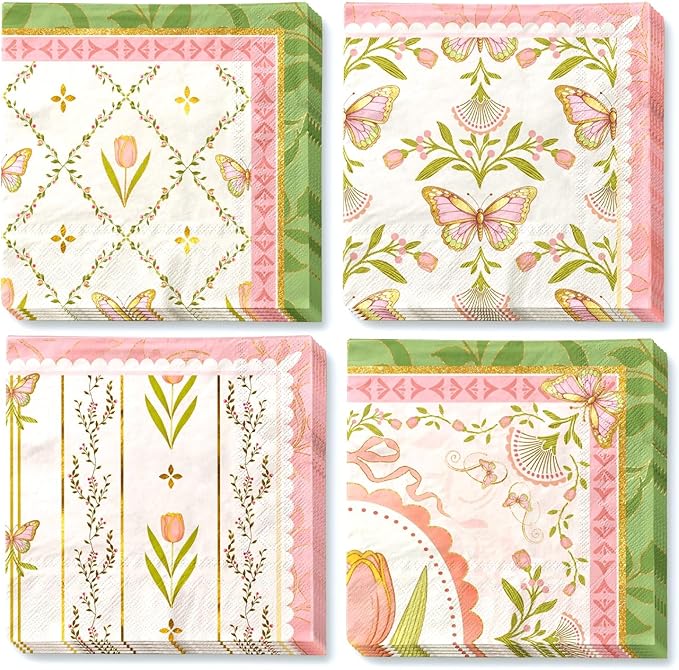 Vintage Floral Paper Napkins 10x10 Inch - 24 Count Tea Party Disposable Napkins, Pink Green Tulip Butterfly Design 3-Ply Cocktail Napkins for Wedding, Birthday, Easter, Garden Party
