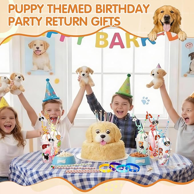 194 Pcs Dog Party Favors Goody Cup Fillers, Dog Birthday Party Decorations Straws Keychains Pencils Bracelets for 100th Day of School Puppy Parties Supplies, Goodie Bag Supplies