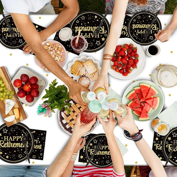 Wiooffen 24 Guests Happy Retirement Party Supplies, Black Gold Retirement Plates Napkins Tablecloth Forks Set for Man and Woman, Disposable Tableware Graduations Party Decorations Favors