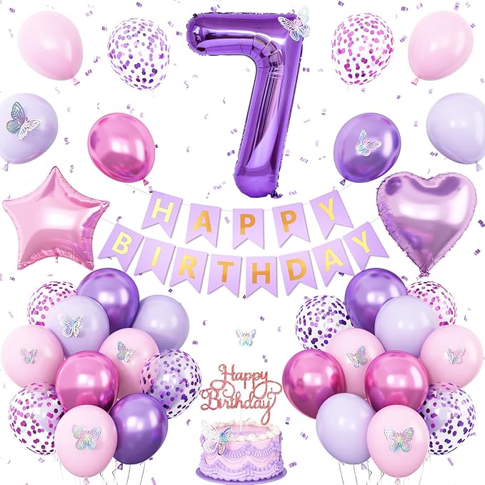 7th Pink Purple Birthday Decorations,Pink Purple 7th Birthday Balloons for Girls Lavender Party Decor Banner Number 7 Balloons Cake Topper Butterfly Party Decorations for 7 Year Old Girls