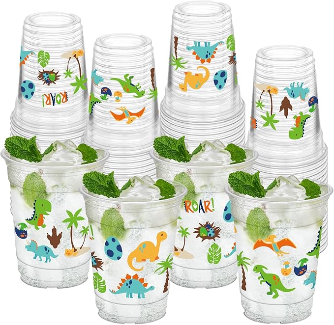 50Pcs Dinosaur Cups, 12oz Dinosaur Party Cups Dino Theme Clear Plastic Drinking Cup for Baby Shower Wedding Birthday Party Decorations Supplies