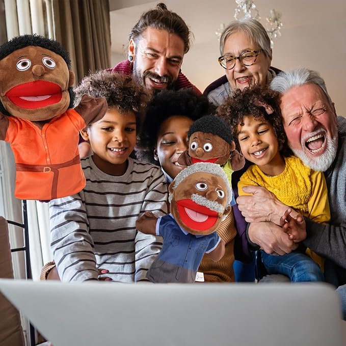 Lenwen 6 Pcs Family Hand Puppet Set Family Members Puppets with Movable Mouth Soft Plush for Boys and Girls Teens Kids Storytelling Play School Teaching Preschool (African American)