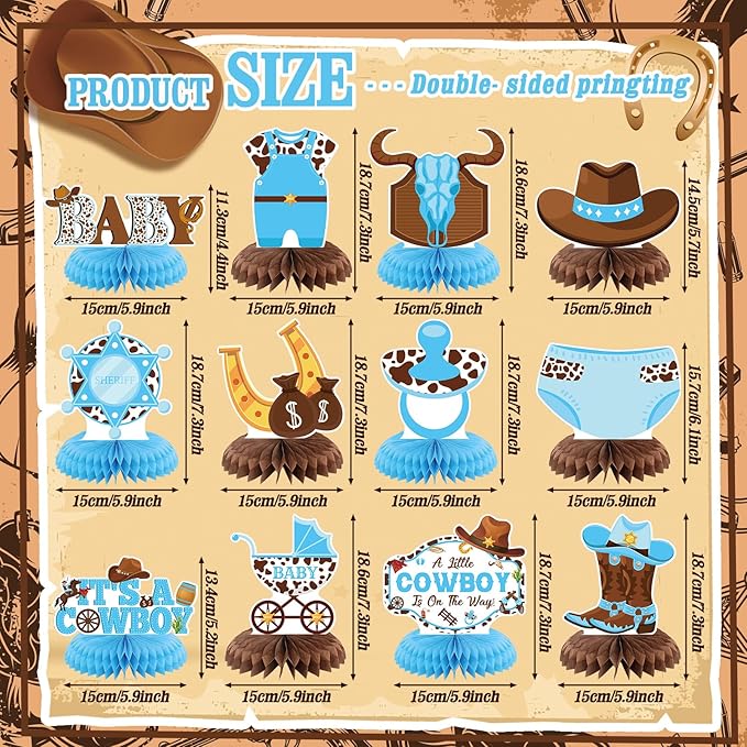12 Pcs Cowboy Baby Shower Decorations a Little Cowboy Is on the Way Honeycomb Centerpieces Western Baby Shower Decorations Western Table Topper Table Decoration for Birthday Party Favors