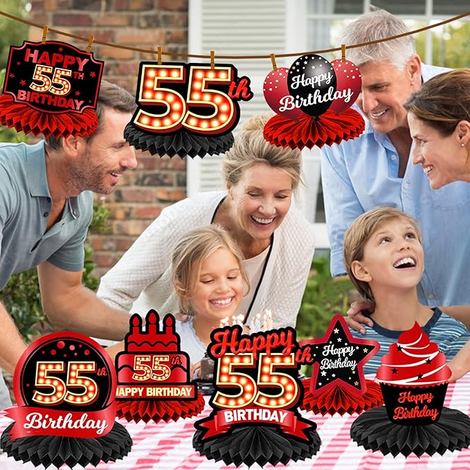 Happy 55th Birthday Red and Black Table Honeycomb Centerpieces Balloons Theme Decor Table Decorations Table Toppers for Girls Women Princess 55 Years Old Birthday Party Bday Supplies Background Gold