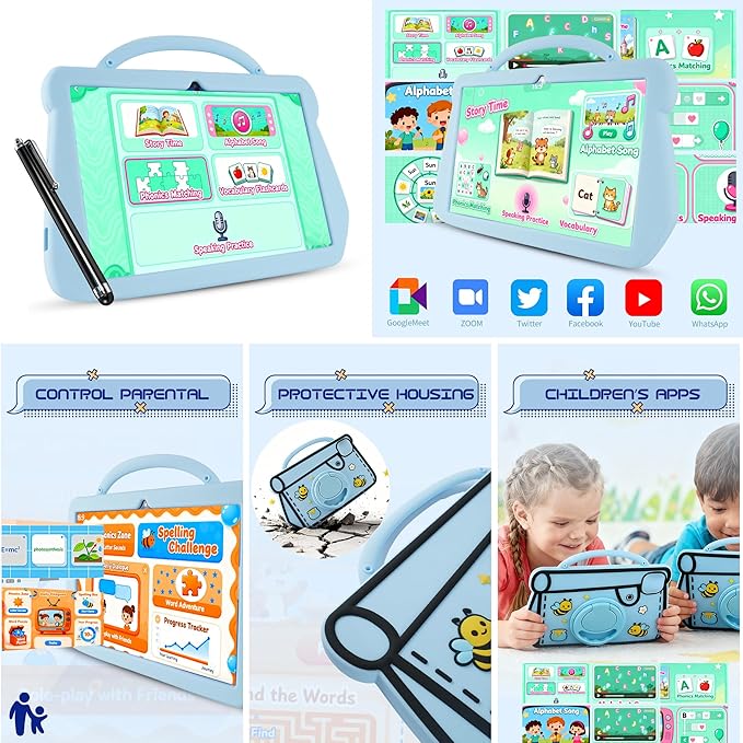 Kids Tablet, 10.1 inch Android 14.0 Tablet for Ages 3-12, Octa-core CPU, 10GB+64GB+1TB Expand, SIM, WiFi, 6000mAh Battery, HD IPS Eye-Care Display, Protective Case, Gift (Blue)