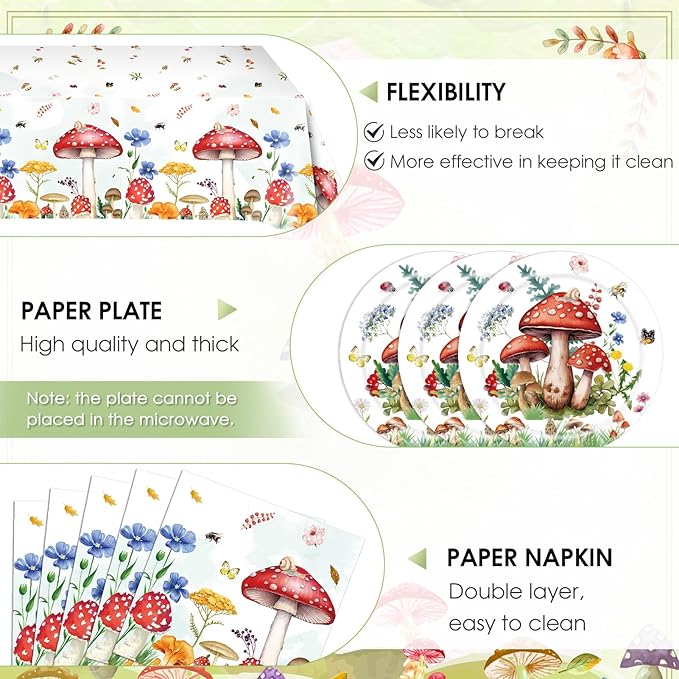 41Pcs Mushroom Birthday Decorations Enchanted Forest Party Tableware Set Wonderland Wildflower Mushroom Paper Plates Napkins Tablecloth丨Baby Shower Fairy Tale Party Cottagecore Party Decor,Serve 20