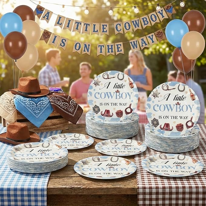 120 Pcs a Little Cowboy Is on The Way Baby Shower Paper Plates Cowboy Disposable Paper Plates Baby Shower Party Supplies for Girl Boy Spring Decoration