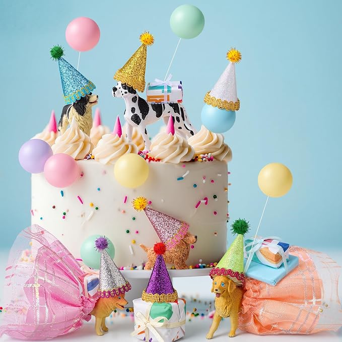 Weysat 41 Pcs Puppy Dog Cake Topper Figures Birthday Party Decorations with Mini Hat and Skirt, Colorful Balls, Jungle Toppers Decoration with Gift Boxes for Puppy Animals Themed Party (Pet)