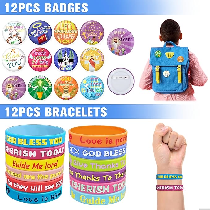 Tazimi 122 PCS Christian Bible Party Favors Jesus Party Favors Cross Goodie Bags with Stickers Rubber Bracelets Button Pins and Bags for Christian Party Supplies Decorations