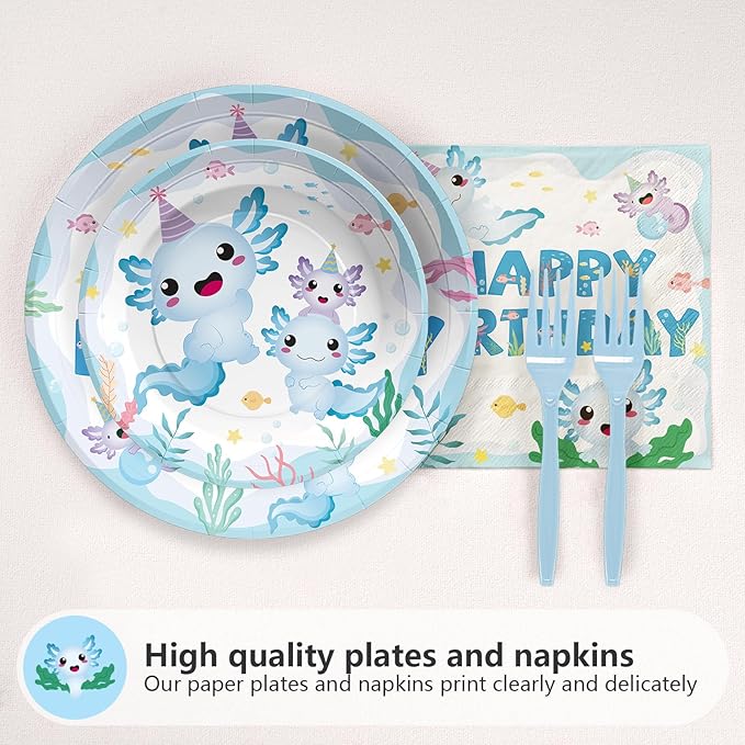 Grencian 96 Pcs Axolotl Birthday Party Supplies Blue Cartoon Axolotl Plates and Napkins Disposable Reptile Animals Tableware Set Axolotl Party Decorations Favors for Kids Boy Baby Shower Serves 24