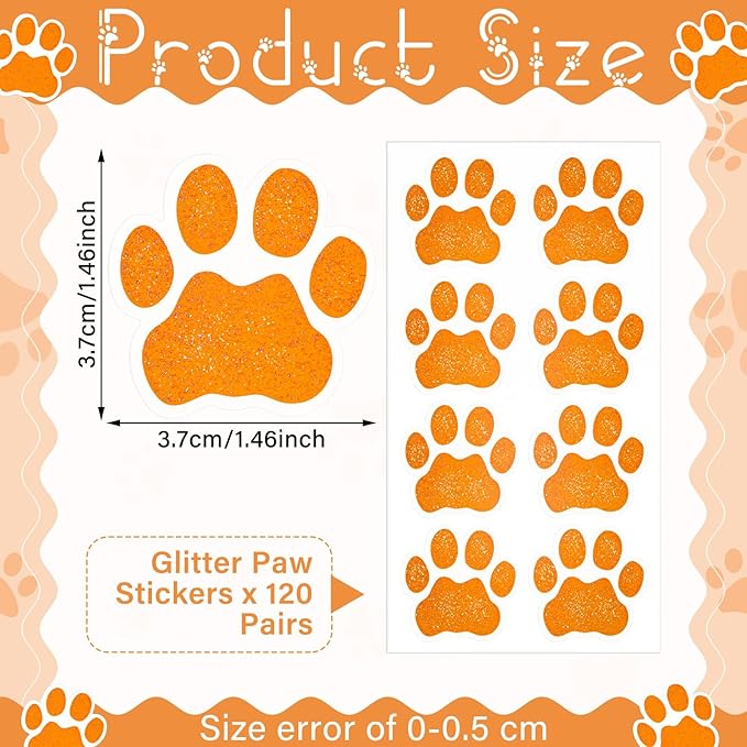 120 Pairs Orange Eye Black Bulk Tiger Paw Football Stickers Sport Glitter Eyeblack Sticker Team Spirit Accessories for University College Game Day Sports Fans Themed Party Supplies