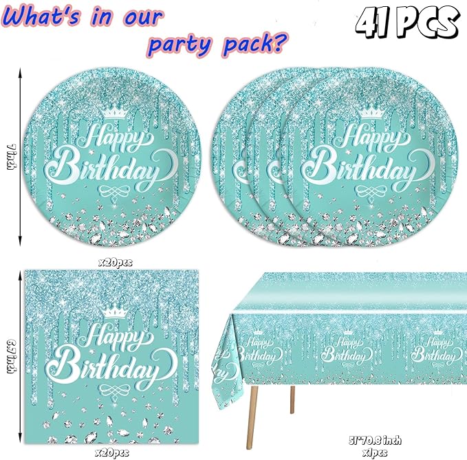 41pcs Teal and Silver Party Decoration,include 20pcs 7inch dessert plate,20pcs Napkin and 1pcs Tablecloth,Used for Blue and Silver Glitter Birthday Party Supplies