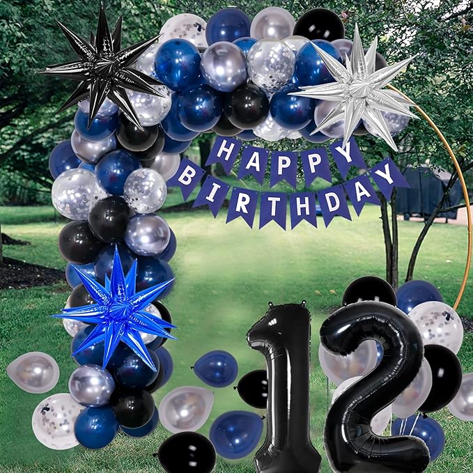 12th Birthday Decorations for Boys and Girls Dark Blue, 12 Year Old Party Supplies with HAPPY BIRTHDAY Banner 12 Balloon Number Tablecloth Foil Star Balloons Garland Arch Kit