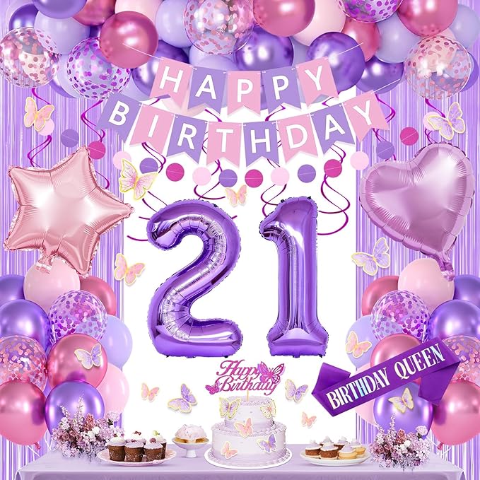 21st Purple Birthday Decorations for Women, Pink and Purple Happy 21 Birthday Party Decorations with Happy Birthday Banner, Number Foil Balloons, Butterfly Cake Topper for 21st Party Supplies