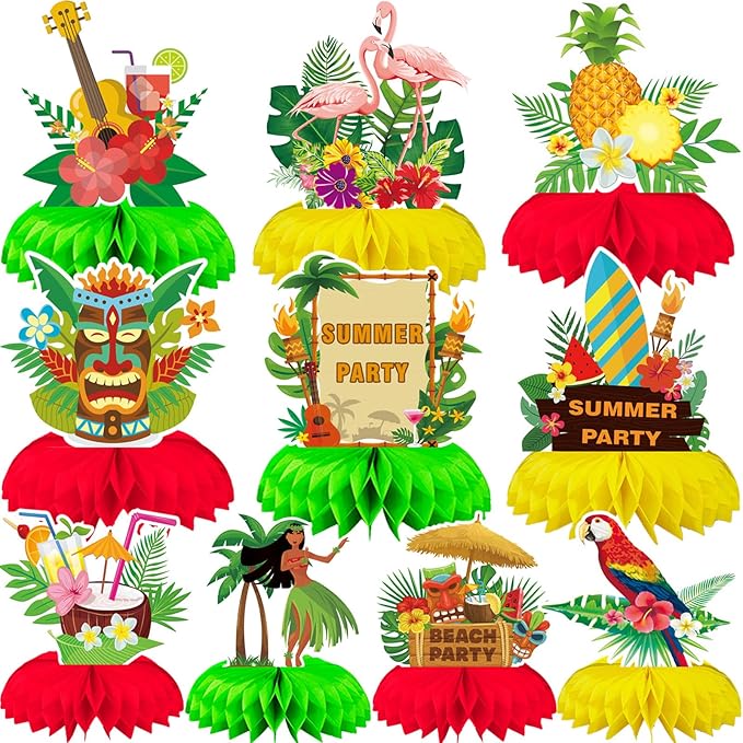 10 Pieces Hawaiian Luau Honeycomb Table Centerpiece, Hawaiian Themed Party Decorations Hawaiian Centerpiece Table Decorations for Summer Beach Pool Party Birthday Wedding Decor