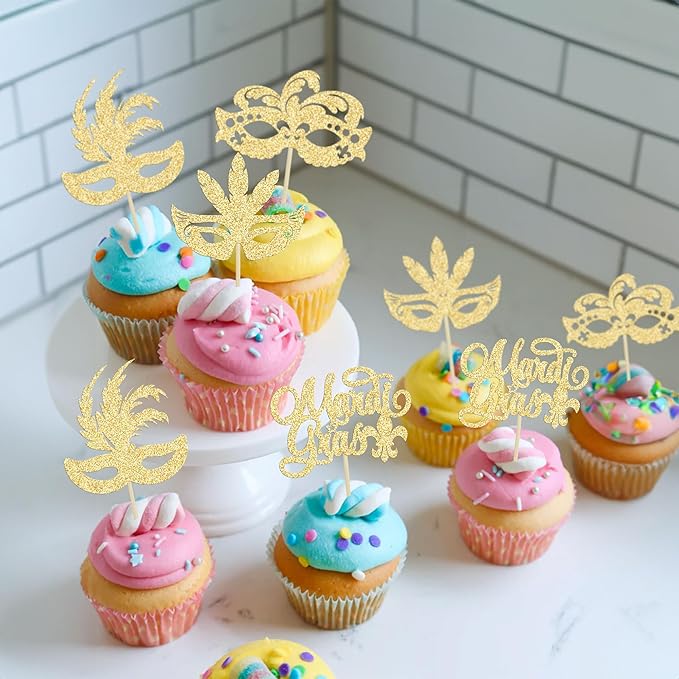 Gyufise 24Pcs Mardi Gras Cupcake Toppers Glitter Masquerade Masks Cupcake Picks Mardi Gras Party Baby Shower Birthday Cake Decorations Party Supplies Gold