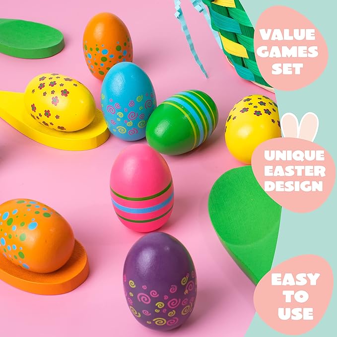 JOYIN Easter 12PCS Egg and Spoon Race Game Set, 6 Woodeen Egg and Spoons with Assorted Colors Outdoor Games, Party Favor Supplies